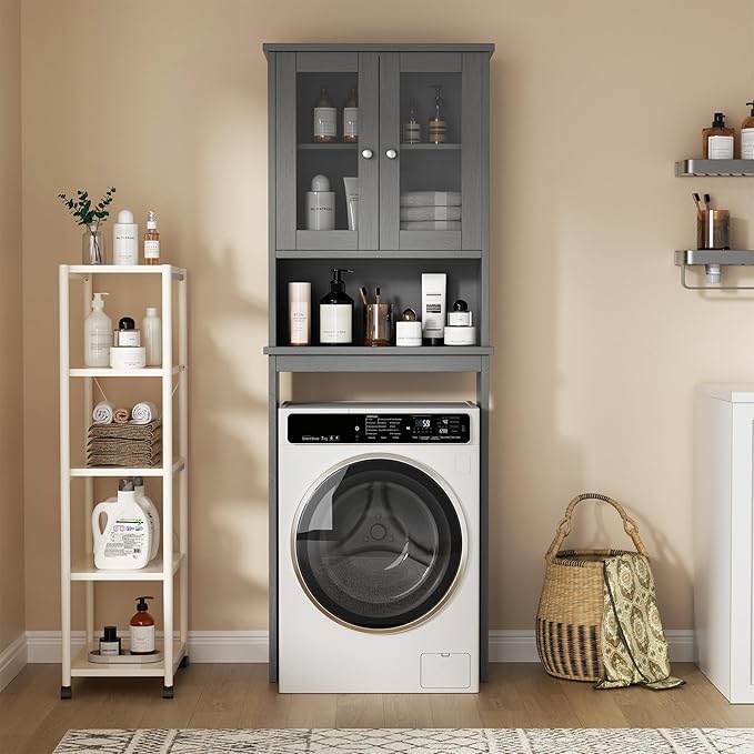 Nuturelly Over The Toilet Storage Cabinet, Bathroom Storage Organizer with Adjustable Shelves and Double Glass Doors, Freestanding Above Toilet Storage with Open Shelf, Wooden Toilet Rack(Gray)