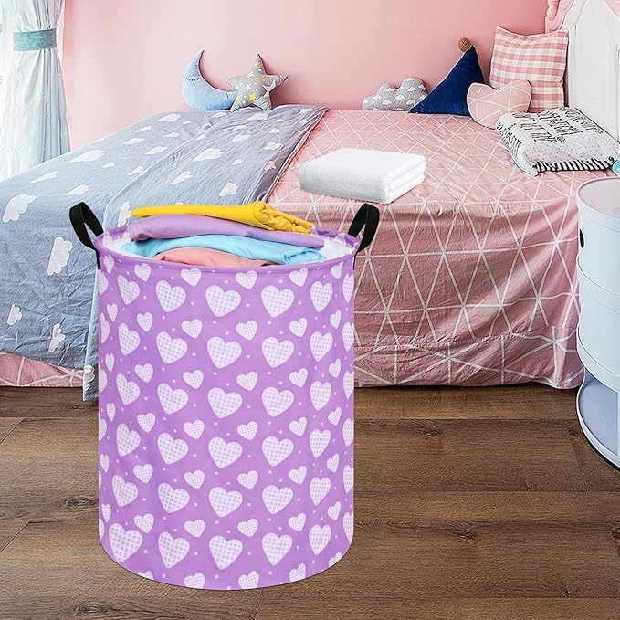 19.7 Inch Round Purple Love Laundry Hamper Laundry Basket Fabric Storage Hamper Organization Basket, Storage Bin, Toy Box,Valentine's Day Gift Basket with Handles for Room