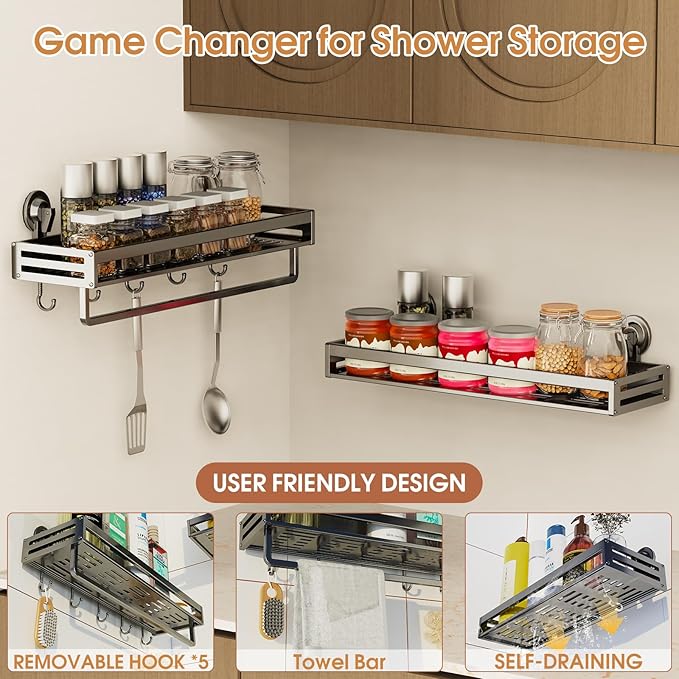 Suction Cup Shower Caddy, 15.7inch Extended Version, with 5 Hooks & Towel Rrack, No Drilling Required, Rust-Resistant Bathroom Shower Organizer (Dark Gray, 2-Pack)