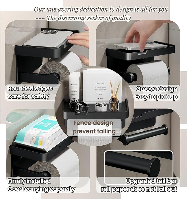 Adhesive Toilet Paper Holder and 2 Metal Hooks Combo - Rustproof Aluminum with Extra Adhesive Pads for Easy Replacement of Positions,Matte Black Toilet Paper Holder with Shelf(Wall Mount)