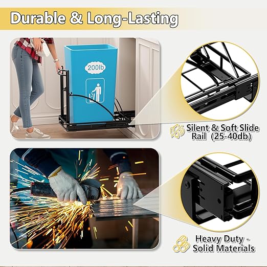 Under Sink Trash Can Pull Out 7-13Gal 50Qt Black, Under Cabinet Trash Bin Pull Out Kit 13" Wx17 Hx17 D, Sliding Garbage Can Under Counter, No Can Include