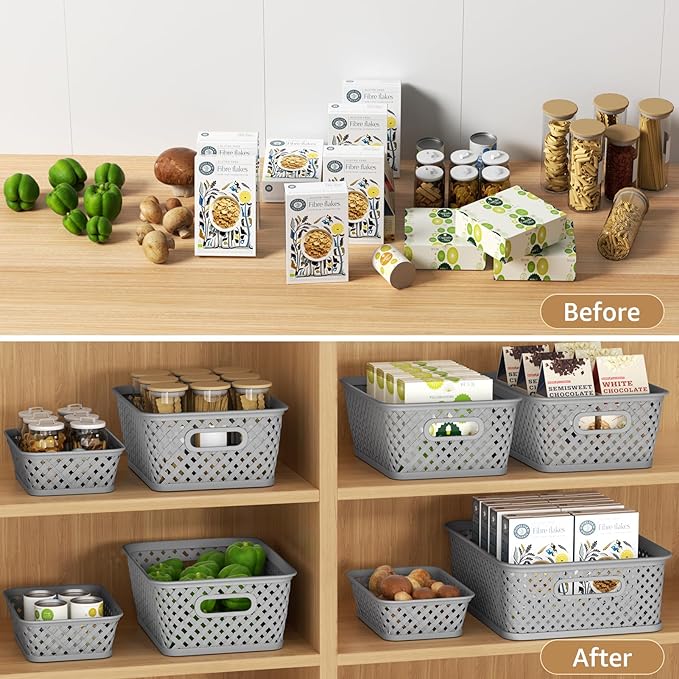 MaxGear Organization and Storage 3 Packs, Plastic Bins Organizer Bins, Woven Baskets for Storage, Plastic Baskets with Handles, Grey Basket for Organizing, Basket Organizer for Home and Office, Medium