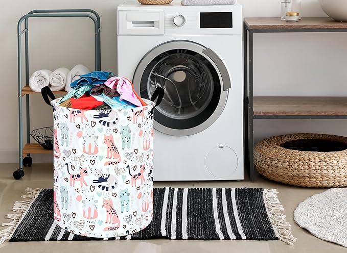 Kids Laundry Hamper Clothes Gift Basket Storage Laundry Baskets Organizer Bin with Handles for Nursery Room (Cat)