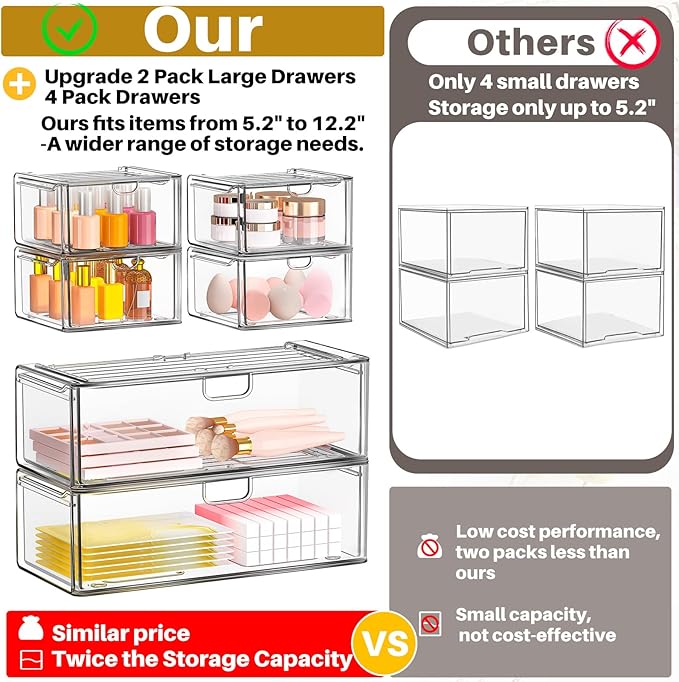 caktraie Acrylic Stackable Storage Drawers Set of 6, Clear Plastic Storage Boxes for Art Tool & Sketch, Storage Organizer, Makeup Organizer,Ideal for Vanity, Bathroom,Cabinet,Pantry Organization