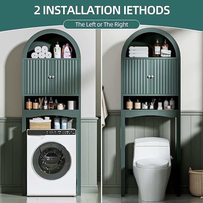 Spurgehom Over The Toilet Storage Cabinet, Bathroom Shelf Organizer Freestanding, Bathroom Arch Cabinet Over Toilet with Fluted Door and Anti-Tipping Device, Green