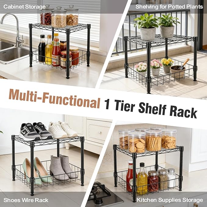 2-Wire Shelving Unit, Multi-Tier Stackable Metal Storage Shelves, Versatile Utility Shelves & Wire Rack for Garage Shelving, Pantry Shelves, Office, Living Room, Garage,Black