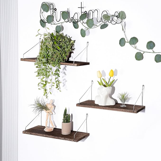 Floating Shelves Set of 3 Rustic Solid Wood Floating Shelf Wall Storage Shelves for Living Room, Bedroom, Bathroom, Kitchen Laundry, Office.no Drill Shelf(Retro Color L+L+L)