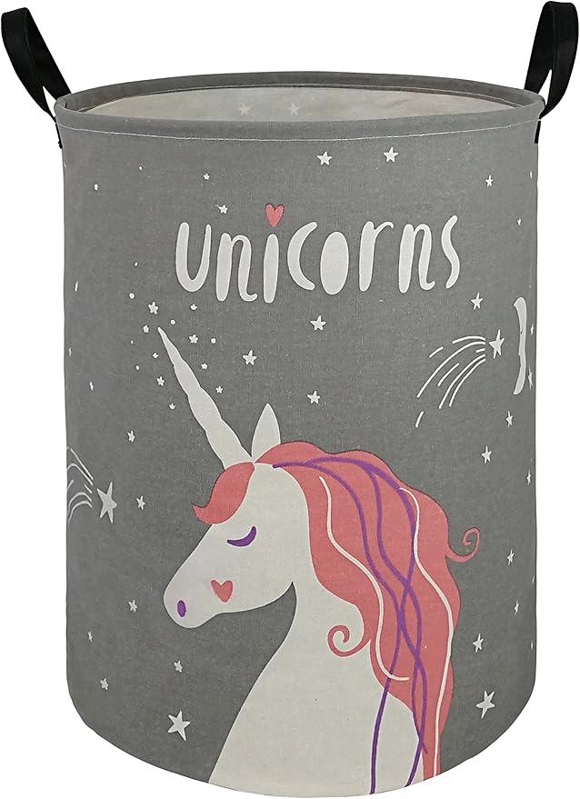 Kids Laundry Hamper Clothes Gift Basket Storage Laundry Baskets Organizer Bin with Handles for Nursery Room (Grey Unicorn)