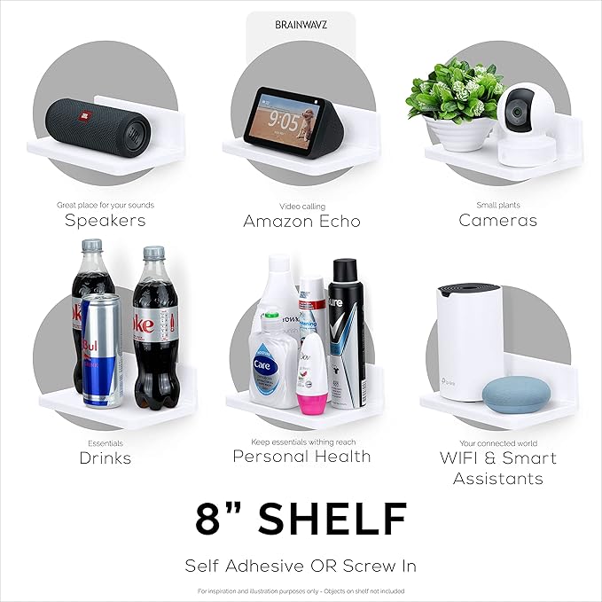 8” Shelf Wall Mount for Speakers, Security Cameras, Baby Monitors, Plants Toys & More, Floating Shelves, Adhesive & Screw-In (White) by Brainwavz