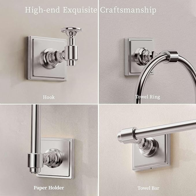 Brushed Nickel Bathroom Towel Bar Set, 5 Piece Bathroom Hardware Accessory Set, SUS304 Stainless Steel 24" Towel Rack Holder Set for Bathroom, Wall Mounted