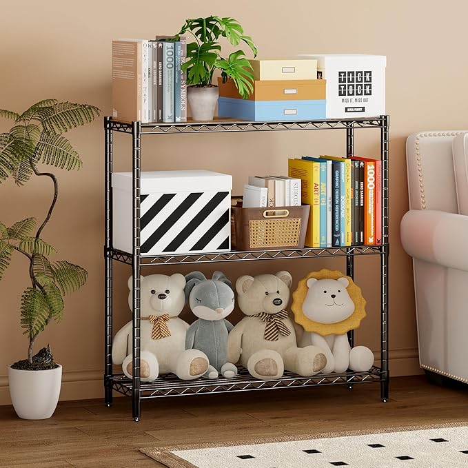 Homeiju 3-Tier Storage Rack, 29.8" Wide Heavy Duty Metal Shelving Unit, Top Tier with Removable Wood Board, 200 lbs Capacity per Shelf, for Pantry, Bathroom, Garage, Entryway, Plant Stand