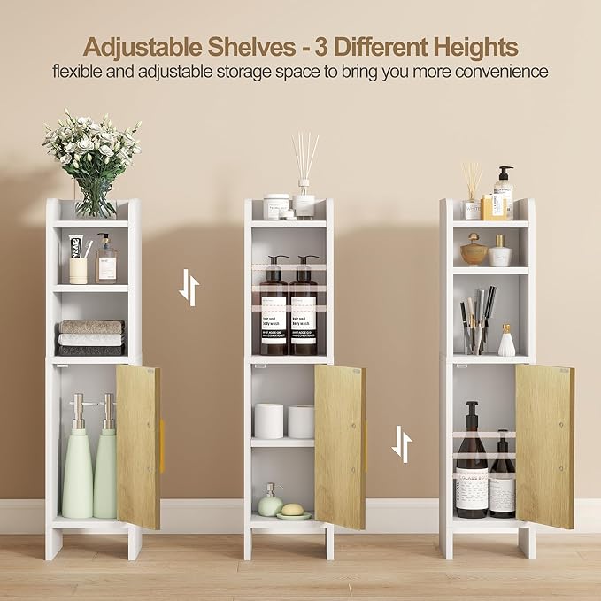 Bathroom Storage Cabinet, Small Corner Floor Cabinet with Fluted Door Narrow Toilet Paper Cabinet with Adjustable Shelves Wooden Slim Bathroom Organizers and Storage for Small Spaces, White
