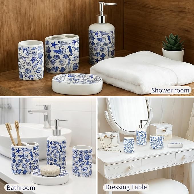 JarThenaAMCS 4Pcs Blue Ocean Bathroom Accessories Seashell Starfish Coral Ceramic Liquid Dispenser Toothbrush Holder Tumbler Soap Dish for Summer Beach Home Party Favors Supplies