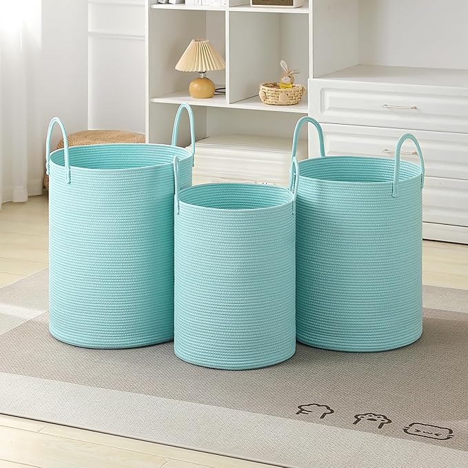 Laundry Basket Hamper Tall Rope Storage Woven for Blanket toys Dirty Clothes in Living Room Bathroom Bedroom (Cyan, 80L/21.3Gal)