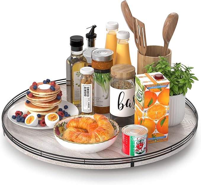 21" Lazy Susan Wood Turntable Organizer for Kitchen Decor, Farmhouse Round Wooden Lazy Susan Organization and Storage for Cabinet, Dining Table, Bathroom, Countertop,Centerpiece, Home Decor Whitewased