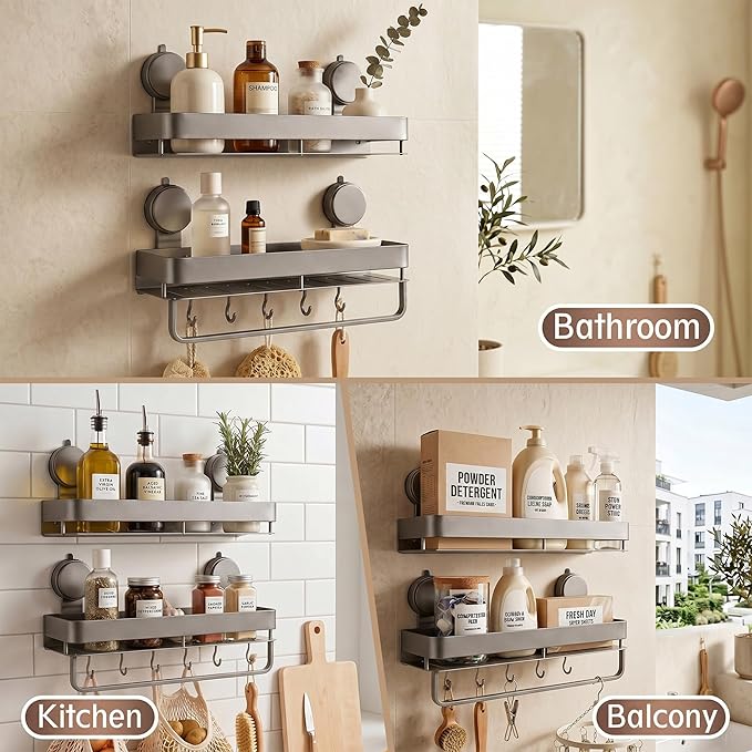 Stainless Steel Wall Mounted Bathroom Shelves with Removable Hooks and Tools