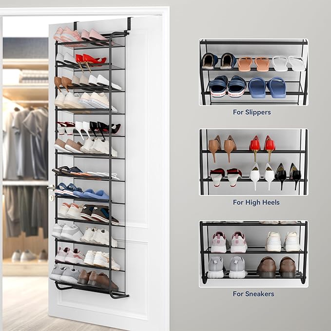 Whitmor 36 Pair Over The Door Shoe Organizer, 12 Tier Hanging Shoe Organizer, Heavy Duty Metal & Mesh Shoe Holder, Hanging Shoe Rack for Closet Organizer, 74" L x 21.7" W x 7.5" H, Matt Gunmetal