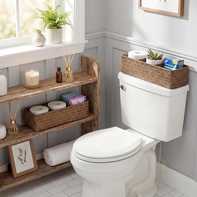 StorageWorks Toilet Paper Basket for Back of Toliet，Basket with 3 Enlarged Compartments, Seagrass Toilet Paper Storage Baskets, 17¼" x 6" x 4¼", Brown, 2-Pack