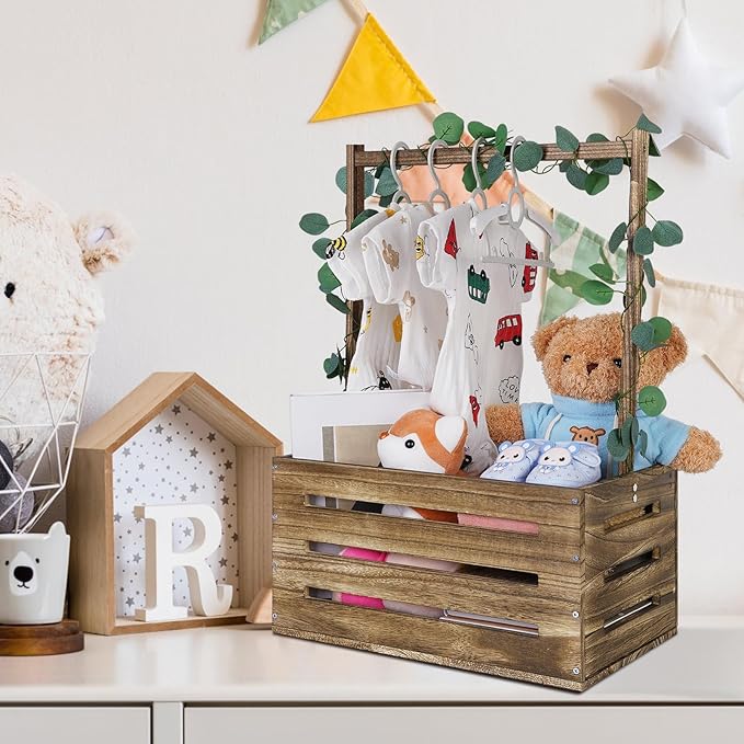 Wooden Baby Shower Crate Closet, Baby Basket with Handle, Personalized Baby Gifts Basket, Storage Basket, Newborn Boy Girl Welcome Gift for New Mom Parents