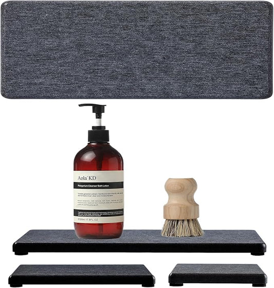3PCS Water Absorbing Soap Dish Sponge Holder, Diatomite Stone Drying Tray Mat Sink Caddy for Kitchen Counter & Bathroom, Small Stone Bath Mat Faucet Accessories Organizer Protector,Dark Gray,9"x 3.5"