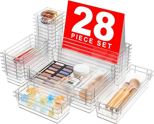 A-LuGei 【Military Grade Drawer Organizer, 【𝟱𝗦𝗶𝘇𝗲】 Makeup organizer, 【Holds 177 Items】 Bathroom Organizers and Storage, Organization and Storage, Desk Drawer Organizer for Vanity (Clear)
