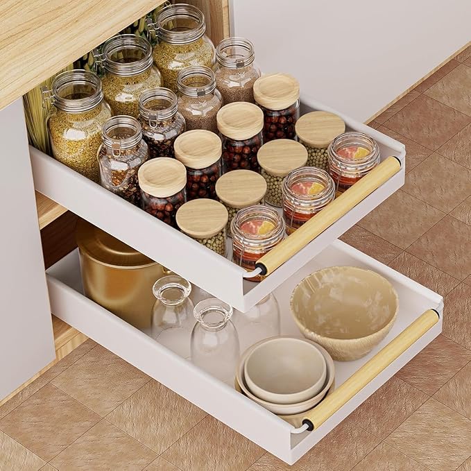 2 Pack Pull out Cabinet Organizer, 16" Deep Pull Out Drawer for Kitchen Cabinets Adhesive with Nano Film, Slide out Cabinet Organizer Shelf for Pantry Bathroom Organization White