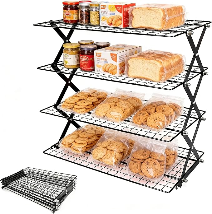 4-Tier Foldable Organizer Rack, Adjustable SpaceSaver for Kitchen Counter, Pantry, Bathroom, Multi-Purpose Storage & Display