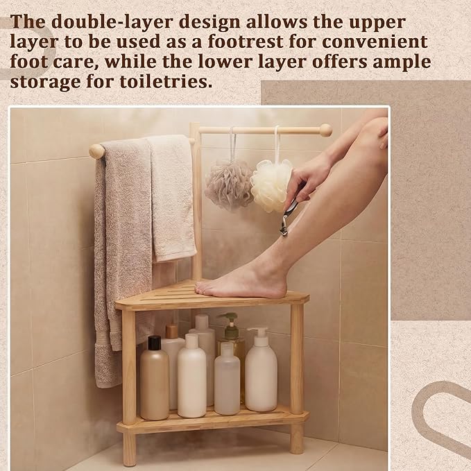 Threehoney 2 Tier 17" x 31" Bamboo Corner Shower Stool Shelf with Towel Bar for Bathroom Wood Foot Rest, Shower Storage Organizer Bench Caddy for Inside, Small Spaces Free Standing