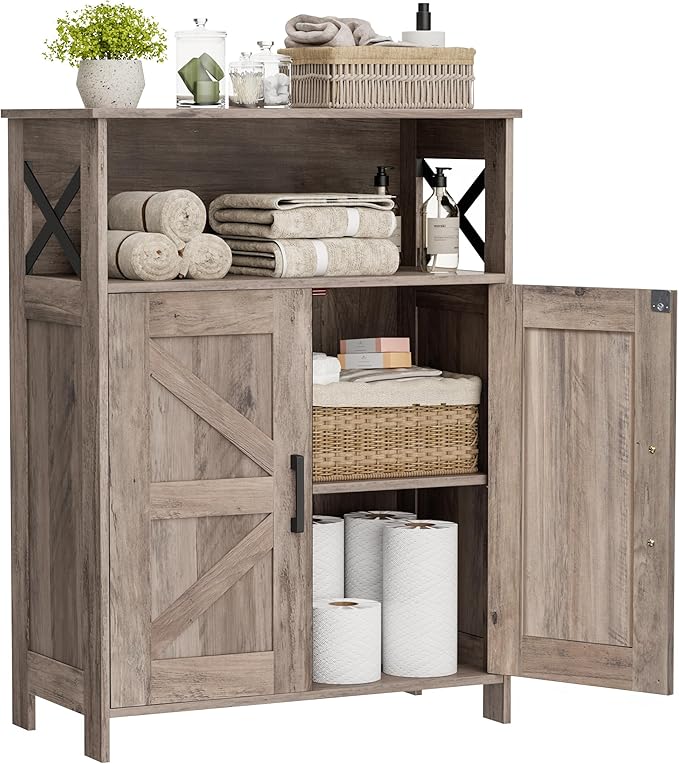 Homhedy Farmhouse Bathroom Storage Cabinet with 2 Doors, Toilet Paper Cabinet with Adjustable Shelves, Small Bathroom Cabinet for Kitchen/Laundry/Living Room, 11.8 x 23.6 x 31.5 Inches, Greige