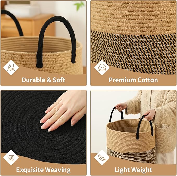 Laundry Basket Hamper Tall Rope Storage Woven for Blanket toys Dirty Clothes in Living Room Bathroom Bedroom (Jute Brown & Black, 100L/26.4Gal)
