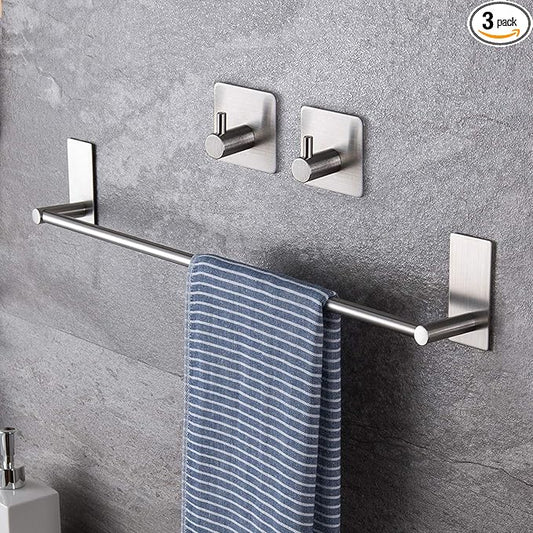 Taozun 16-Inch Towel Bar - Self Adhesive Bathroom Towel Holder with 2 Packs Towel Hooks, Stainless Steel Bathroom Hardware Accessory Kit, No Drilling