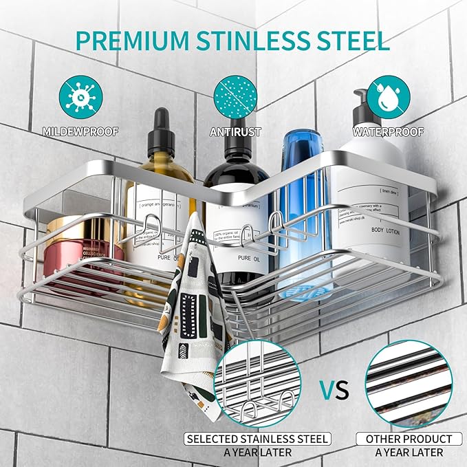 Corner Shower Caddy, 4-Pack Adhesive Shower Shelves with Soap Holder No Drilling, Rustproof Bathroom Shower Organizer Storage, Silver