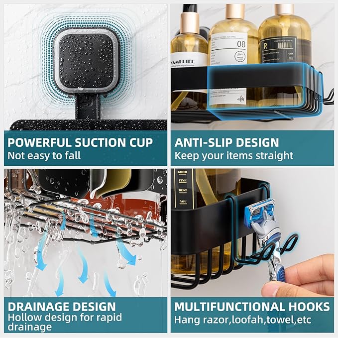 TAILI Shower Caddy Suction Cup 2 Pack,Stainless Steel Rustproof Shower Shelves,No Drilling Wall Mounted Basket,Large Capacity,Removable Suction Cup Bathroom Organizers & Home Decor,Black