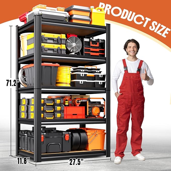 2Pack Storage Shelves,2500LBS Garage Shelving,Adjustable Garage Shelves,Heavy Duty Metal Shelving, 5 Tier Wood Utility Steel Shelf, Shelving Units and Storage Rack fo Kitchen Pantry Laundry