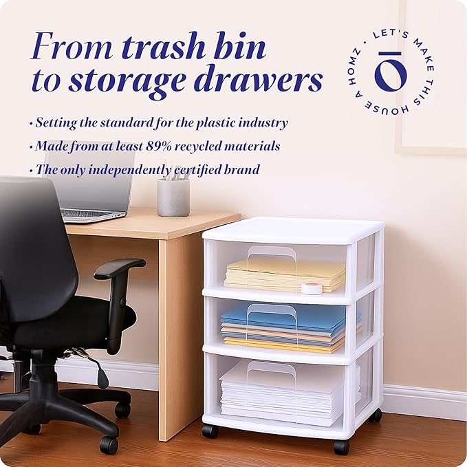 HOMZ Drawer Tower, 3-Tier Wide Rolling Storage Cart with Removable Wheels, White Frame – Plastic Organizer with Clear Bin Drawers for Bedroom, Bathroom, Home Office, and Dorm Room