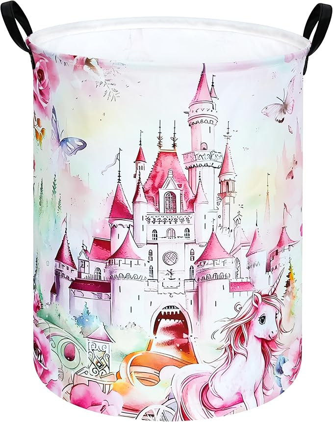 Round Castle Pattern Laundry Hamper Clothes Storage Basket Fabric Storage Hamper Organization Storage Bin, Nursery Box,Gift Basket with Handles