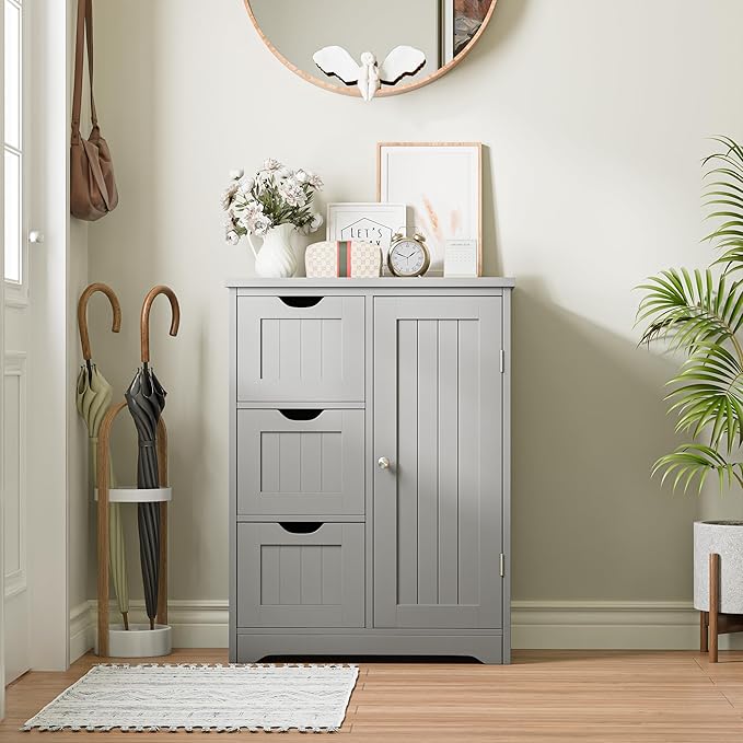 SUPER DEAL Bathroom Storage Cabinet with 3 Drawers and 1 Door, Entryway Home Decor Furniture Towels Storage Organizer Unit, Grey