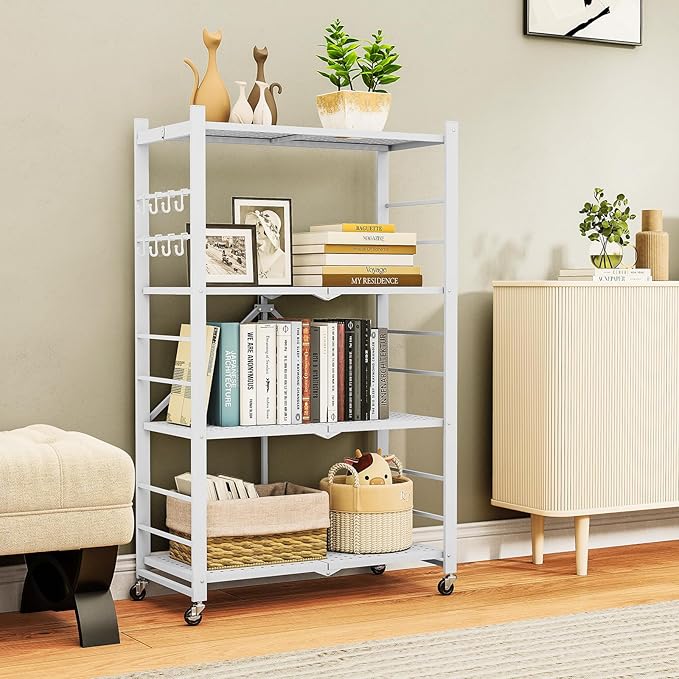 4-Tier Folding Metal Storage Shelf with Wheels & Hooks, Heavy Duty No-Assembly Collapsible Utility Rack for Kitchen, Garage, Office, Living Room – 600 lbs Capacity(White, 4-Tier)