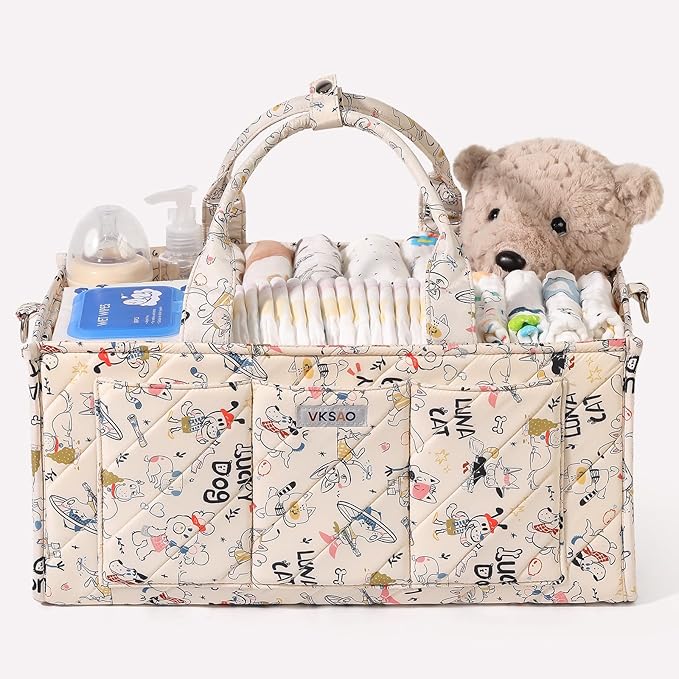 Colorful Cute Cartoon Animal Prints Baby Diaper Caddy Organizer, Large Storage Basket for Newborn Essentials Must Haves Baby Shower Gifts