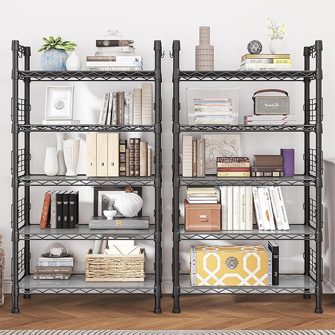 FUTASSI Large Metal Storage Rack, Storage Organizer Shelves for Kitchen, Bathroom, Living Room, Balcony and Garage, 5 Tiers Narrow Bookshelf, 29.5" W x 9.4" D x 59.2" H, Load 480lbs, Black