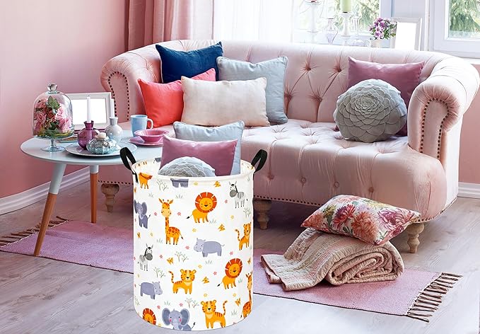 Round Lion and Tiger Pattern Laundry Hamper Clothes Storage Basket Fabric Storage Hamper Organization Storage Bin, Nursery Box,Gift Basket with Handles