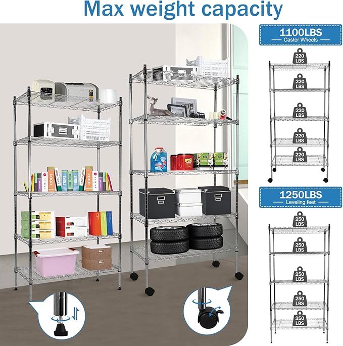 5-Tier Heavy Duty Storage Shelving Unit, Metal Shelves for Garage, Pantry, Kitchen Organization – Adjustable Wire Rack Shelf Organizer, 60"x30"x14", 1250lbs, Chrome