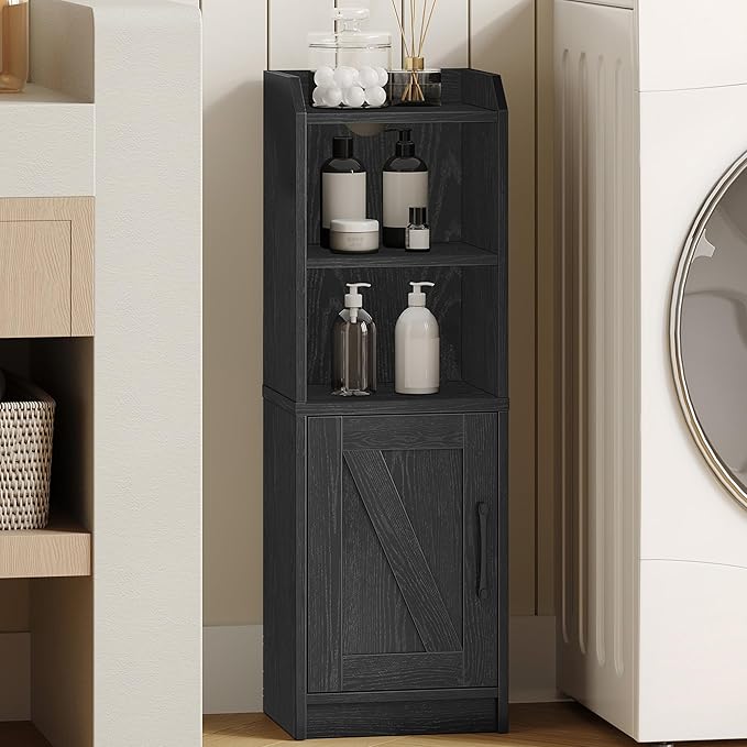 Hzuaneri Bathroom Storage Cabinet, Small Farmhouse Corner Floor Cabinet with Door and Shelves, Narrow Toilet Paper Holder Stand, Bathroom Organizer with Adjustable Shelf, for Small Spaces, Black