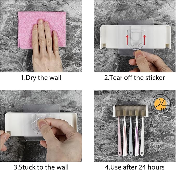 5 Slots Wall Mount Toothbrush Holder with Cover, Self Adhesive Toothbrush Storage Organizer for Shower, Toothbrush Hanger for Bathroom, Medicine Cabinet, Dorm(White + Grey)