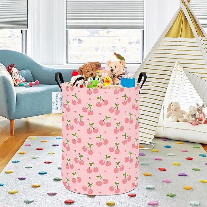 Laundry Basket Canvas Fabric Collapsible Organizer Basket for Storage Bin Toy Bins Gift Baskets Bedroom Clothes Children Nursery Hamper (Pink Cherry)