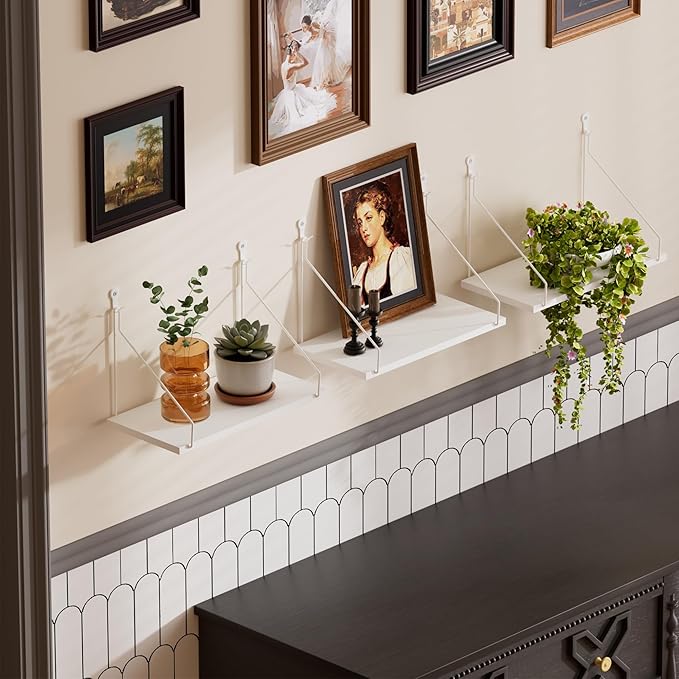 QsQueen Elevate Your Space with Rustic Wood Floating Shelves Set of 3- Perfect for Bedroom, Living Room, Bathroom, and Kitchen Decor - Easy Installation, No Drilling Needed! White