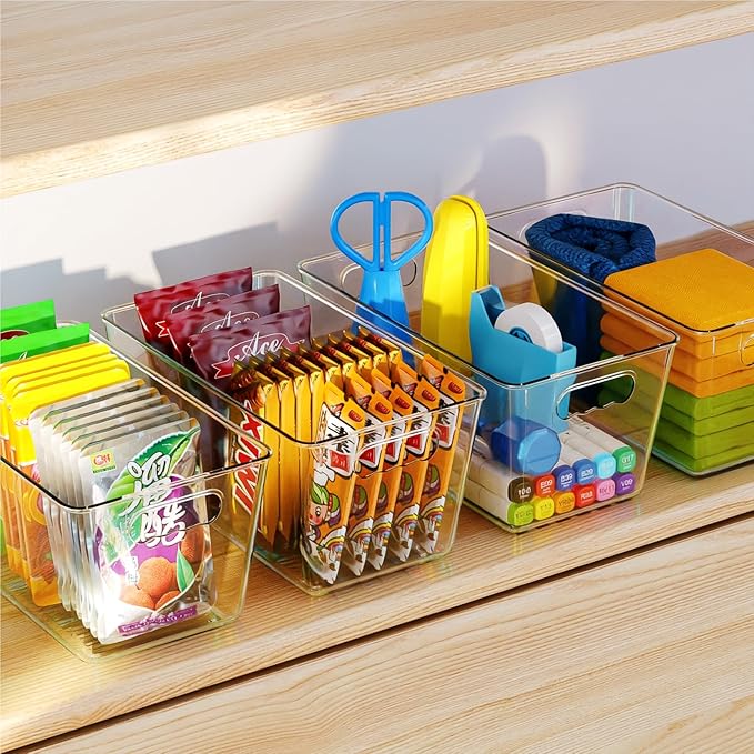 6 Pack Clear Pantry Organizer Bins, Fridge Organiser Set, Plastic Containers with Handle,Home Organization Must Haves for Kitchen,Freezer,Cabinet,Closet,Bathroom Under Sink Storage