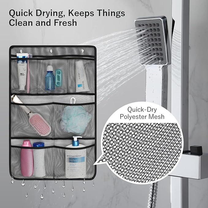 F-color Cruise Essentials 2026 - Mesh Shower Organizer Hanging with 7 Pockets for RV Gym Camping, Quick-Dry Portable Toiletry Bag with Metal Hooks for Bathroom Travel Toiletries, Black+Black