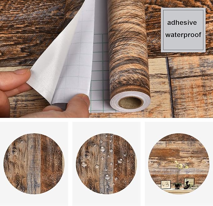 WENMER 11.8" x 118" Brown Wood Peel and Stick Wallpaper Shiplap Self Adhesive Wallpaper Wood Plank Wall Paper for Cabinet Countertop Shelf Drawer Wall Door