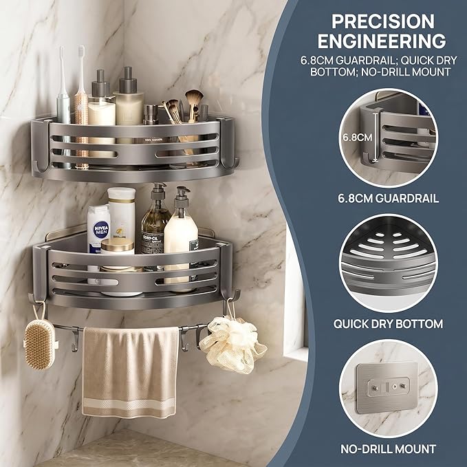 corner shower rack, non drilled self-adhesive corner rack, shower rack, shower caddy，cormer shelf，Storage rack， 2-piece， set matte gray，space aluminum